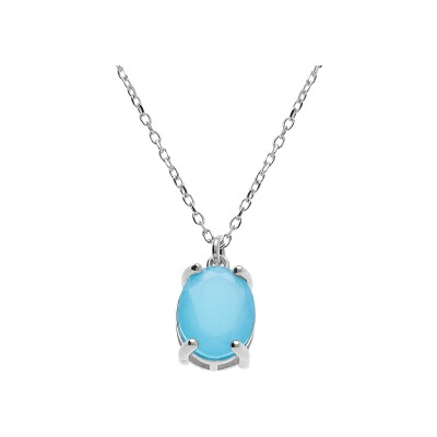 Collier argent rhodié pendentif ovale oxyde 10 x 7.5mm bleu clair opaque 42+3cm