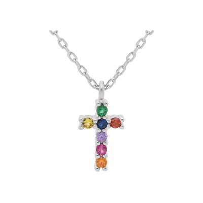Collier argent rhodié pendentif croix 10 x 8 mm pierres synthétique multi couleurs 44cm réglable 42 et 40