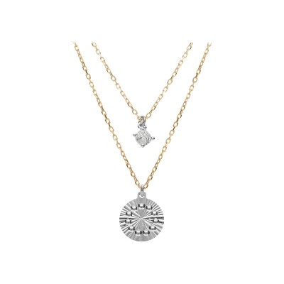Collier argent rhodié et doré jaune rond diamanté avec 1 oxyde blanc 40+4cm