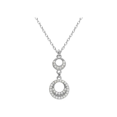 Collier argent rhodié pendentif 2 cercles evidé oxydes blancs 40+4cm
