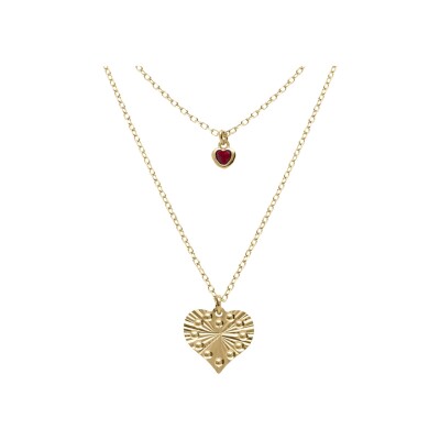 Collier argent doré jaune double chaîne pendentif coeur diamanté et 1 oxyde rose 40+5cm