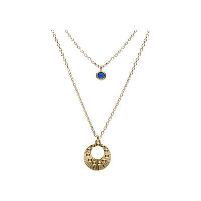 Collier argent doré jaune double chaîne pendentif diamanté et 1 oxyde bleu 40+5cm