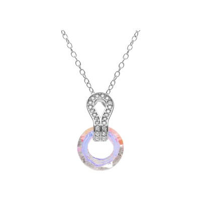 Collier argent rhodié pendentif cercle verre faceté blanc et volute oxydes blancs sertis 44cm réglable 42 et 40