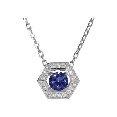 Collier argent rhodié pendentif oxyde bleu et contour oxydes blancs 42+3cm