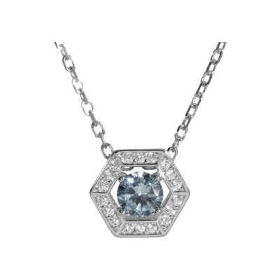 Collier argent rhodié pendentif oxyde bleu ciel et contour oxydes blancs 42+3cm