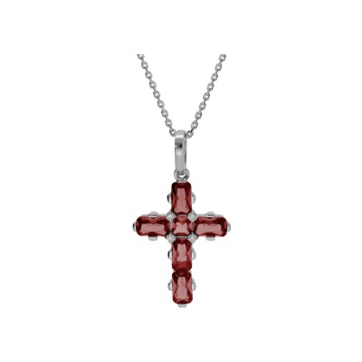Collier argent rhodié pendentif croix oxydes rouges 38+5cm