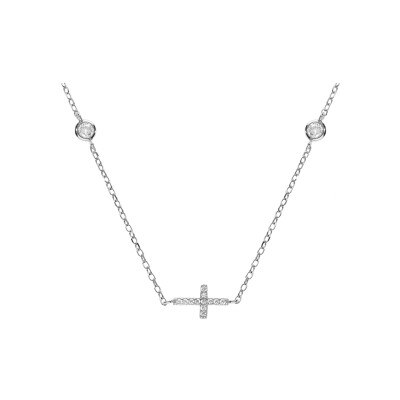 Collier argent rhodié 2 oxydes blancs sertis clos avec croix oxydes blancs sertis 40+5cm