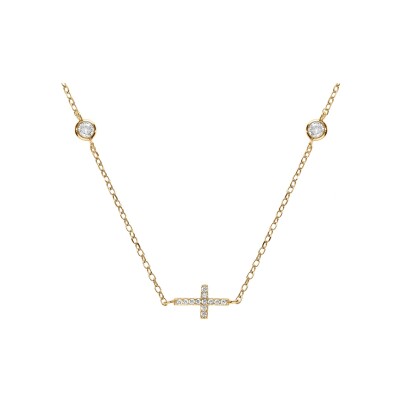 Collier argent doré 2 oxydes blancs sertis clos avec croix oxydes blancs sertis 40+5cm