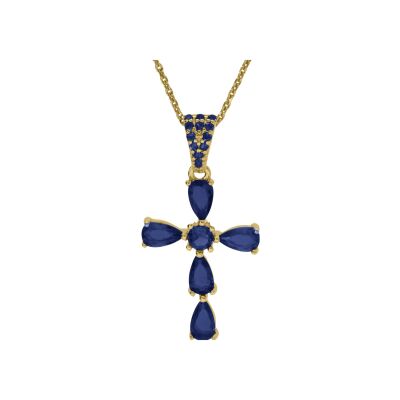Collier argent doré pendentif croix oxydes bleu foncé 38+5cm