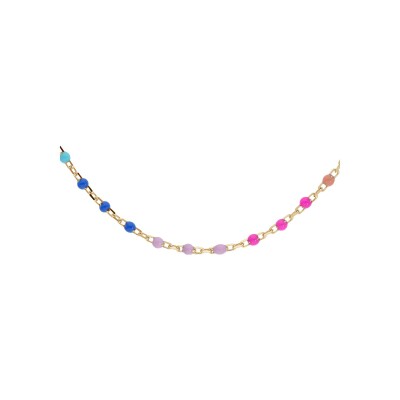 Collier argent et dorure jaune résine multicolore dégradé rose vert 40+5cm
