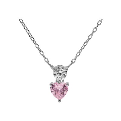 Collier argent rhodié pendentif coeur oxyde rose et blanc 40+4cm