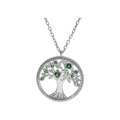 Collier argent rhodié pendentif arbre de vie contour perlé avec oxydes verts 42+3cm