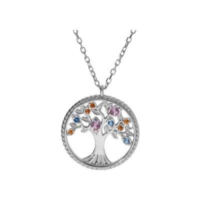 Collier argent rhodié pendentif arbre de vie contour perlé avec oxydes multi couleurs 42+3cm