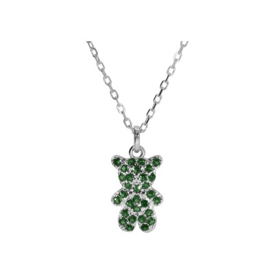 Collier argent rhodié ourson oxydes verts 38+6cm