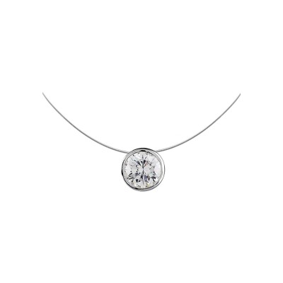 Collier solitaire argent rhodié câble nylon pendentif rond serti pierre 7mm blanche synthétique 40 cm