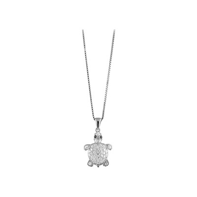 Collier argent rhodié pendentif tortue pierres synthétique blanches 42+3cm