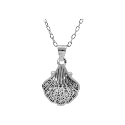 Collier argent rhodié pendentif coquille st jacques de compostelle oxydes blancs sertis 40+5cm