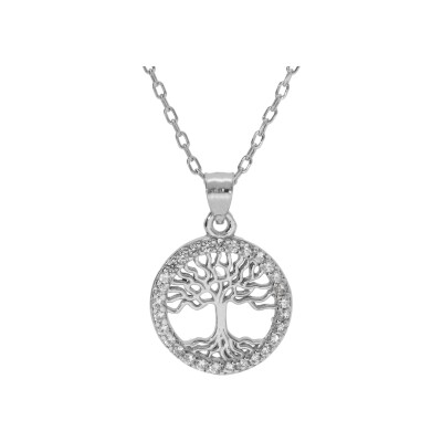Collier argent rhodié pendentif arbre de vie contour oxydes blancs sertis 40+5cm