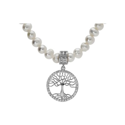 Collier perles de culture d'eau douce arbre de vie oxydes blancs sertis 40+5cm