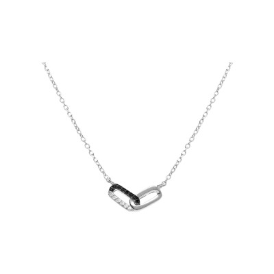 Collier argent rhodié 2 rectangles entrelacés 1 lisse 1 avec oxydes blancs et noirs sertis 39+4cm