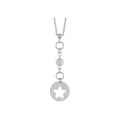 Collier argent rhodié pendentif motif étoile évidée et boule guillochee 42+3cm