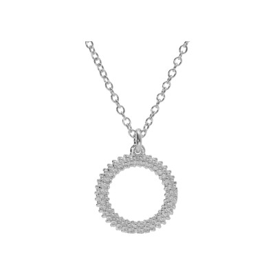 Collier argent rhodié claire pendentif cercle evidé perlé 40+5cm