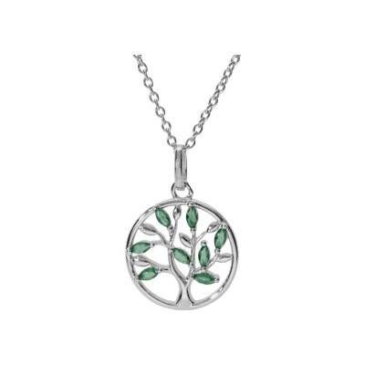 Collier argent rhodié pendentif cercle arbre de vie oxydes vert 40+4cm