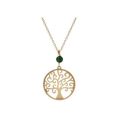 Collier argent doré jaune arbre de vie 20mm et boule malachite véritable 40+4cm