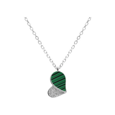 Collier argent rhodié pendentif coeur avec oxydes blancs et malachite véritable 39+4cm