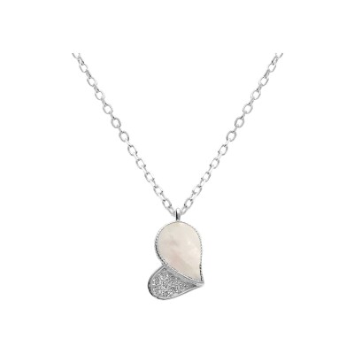 Collier argent rhodié pendentif coeur avec oxydes blancs et nacre blanche véritable 39+4cm