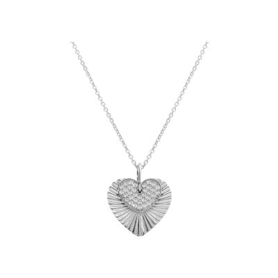 Collier argent rhodié pendentif double coeur strié et oxydes blancs sertis 42+3cm
