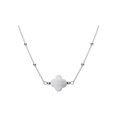 Collier argent rhodié chaîne boules et trèfle en verre facetté blanc 38+5cm