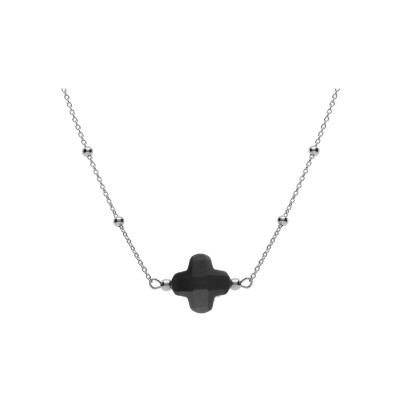 Collier argent rhodié chaîne boules et trèfle en verre facetté noir 38+5cm