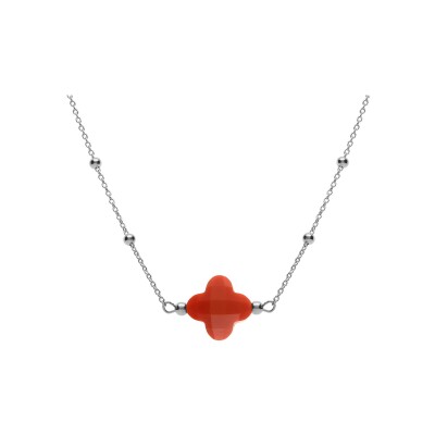 Collier argent rhodié chaîne boules et trèfle en verre facetté rouge 38+5cm