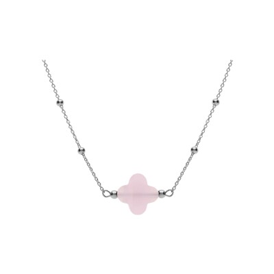 Collier argent rhodié chaîne boules et trèfle en verre facetté rose 38+5cm