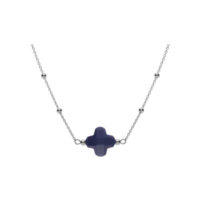 Collier argent rhodié chaîne boules et trèfle en verre facetté bleu marine 38+5cm