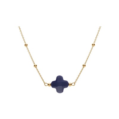 Collier argent doré chaîne boules et trèfle en verre facetté bleu marine 38+5cm