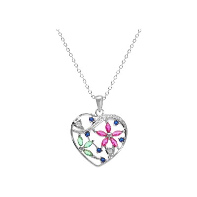 Collier argent rhodié pendentif coeur avec fleurs oxydes multi couleurs 40+5cm