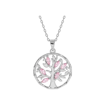 Collier argent rhodié pendentif arbre de vie oxydes fuschia 40+4cm