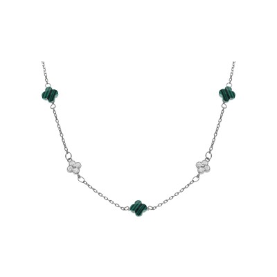 Collier argent rhodié trèfle en verre vert malachite imitation et pastille oxydes blancs 42+3cm