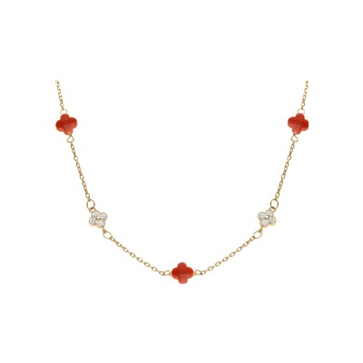 Collier argent doré trèfle en verre corail et pastille oxydes blancs 42+3cm