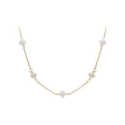 Collier argent doré trèfle en verre blanc et pastille oxydes blancs 42+3cm