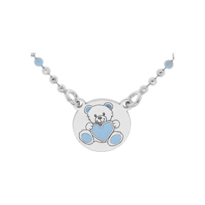 Collier argent rhodié boules rondelle avec ourson résine bleu 36+3cm