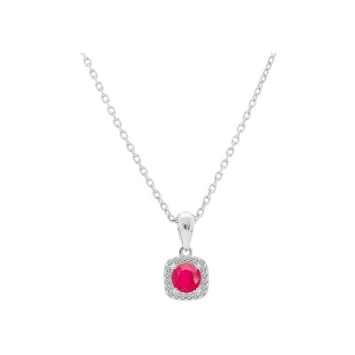 Collier argent rhodié pendentif rubis véritable et contour forme carré topazes blanches serties 42+3cm