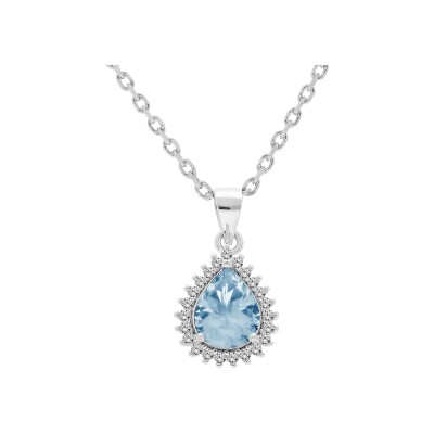 Collier argent rhodié pendentif topaze bleue véritable forme goutte 8x6 contour oxydes blancs sertis 42+3cm