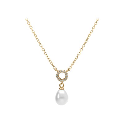 Collier argent doré cercle oxydes blancs sertis et perle blanche imitation 38+5cm