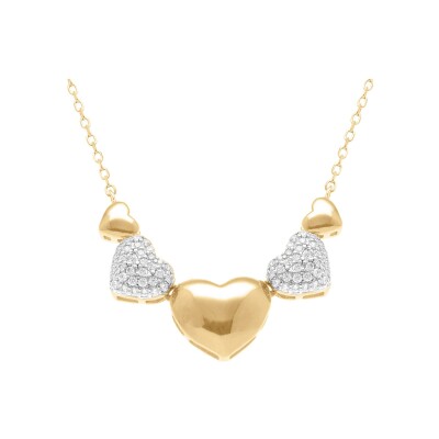 Collier argent doré coeurs bombés lisses et oxydes blancs sertis 38+5cm