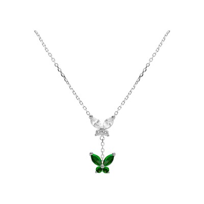 Collier argent rhodié 2 papillons oxydes blanc et vert sertis 38+5cm