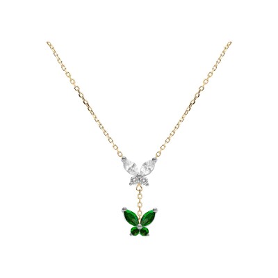 Collier argent dore 2 papillons oxydes blanc et vert foncé sertis 38+5cm