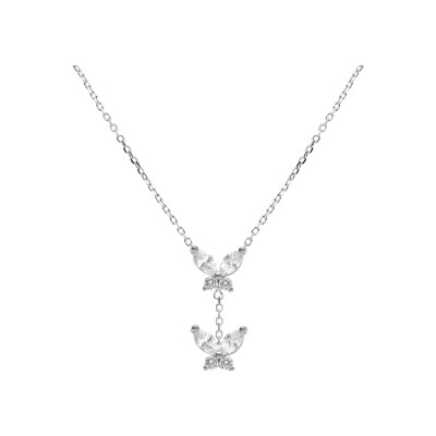 Collier argent rhodié 2 papillons oxydes blancs sertis 38+5cm